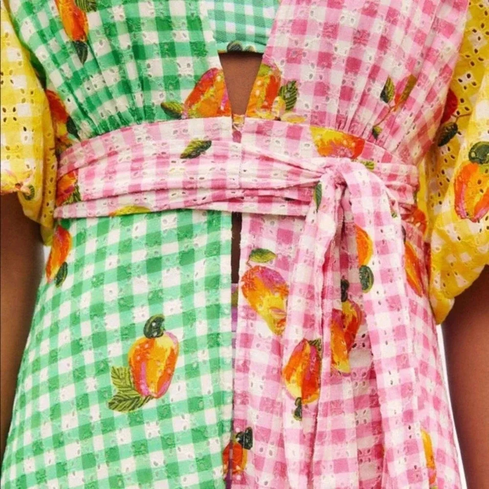 FARM Rio Green Pink Yellow Gingham Maxi Dress with Fruit Print - Picture 3 of 12